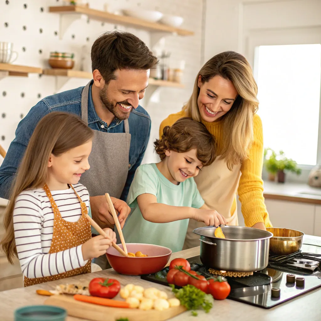 Smiling family with kids cooking