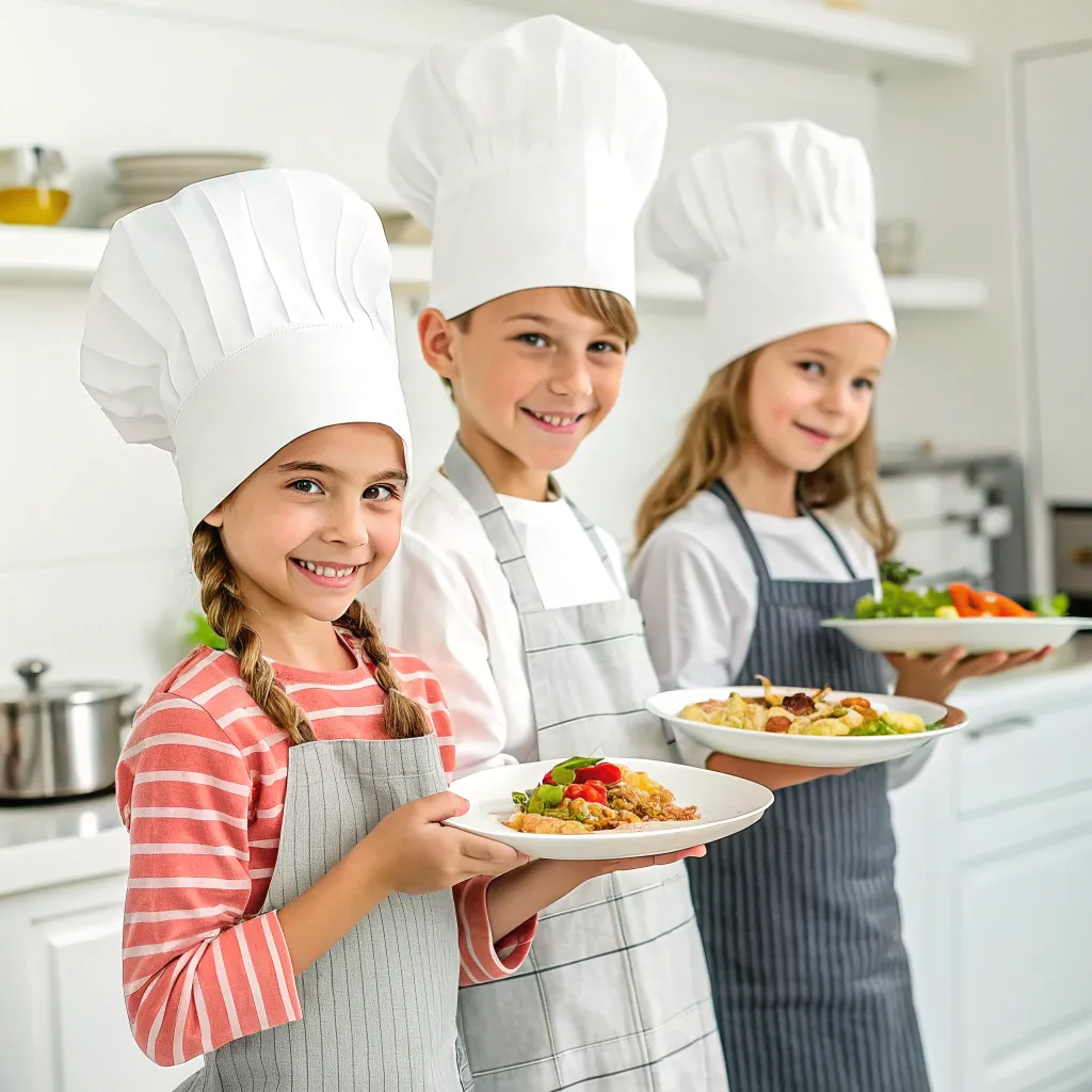 Children in chef hats holding a dish